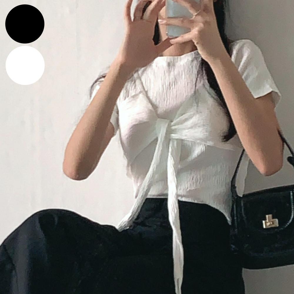 리본반팔 뷔스티에 플리츠 주름 슬림핏 반팔 티셔츠