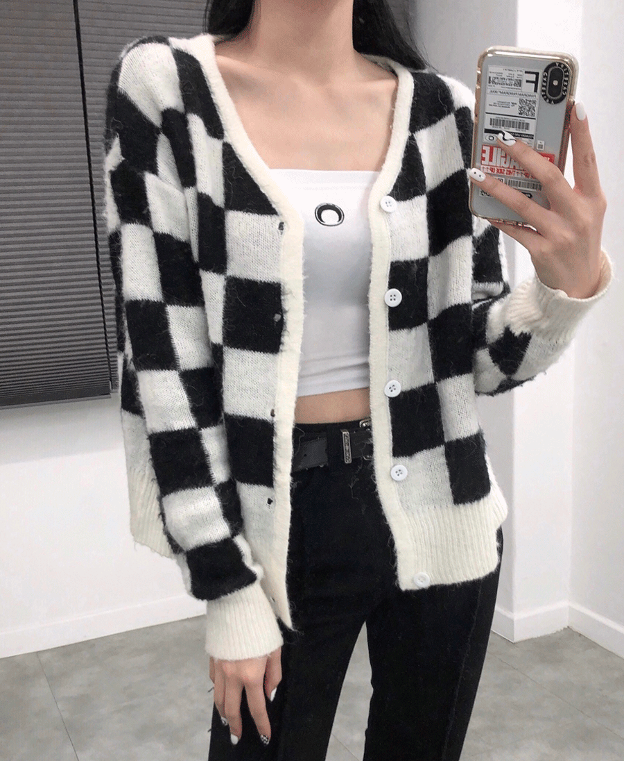 체크 모헤어 가디건