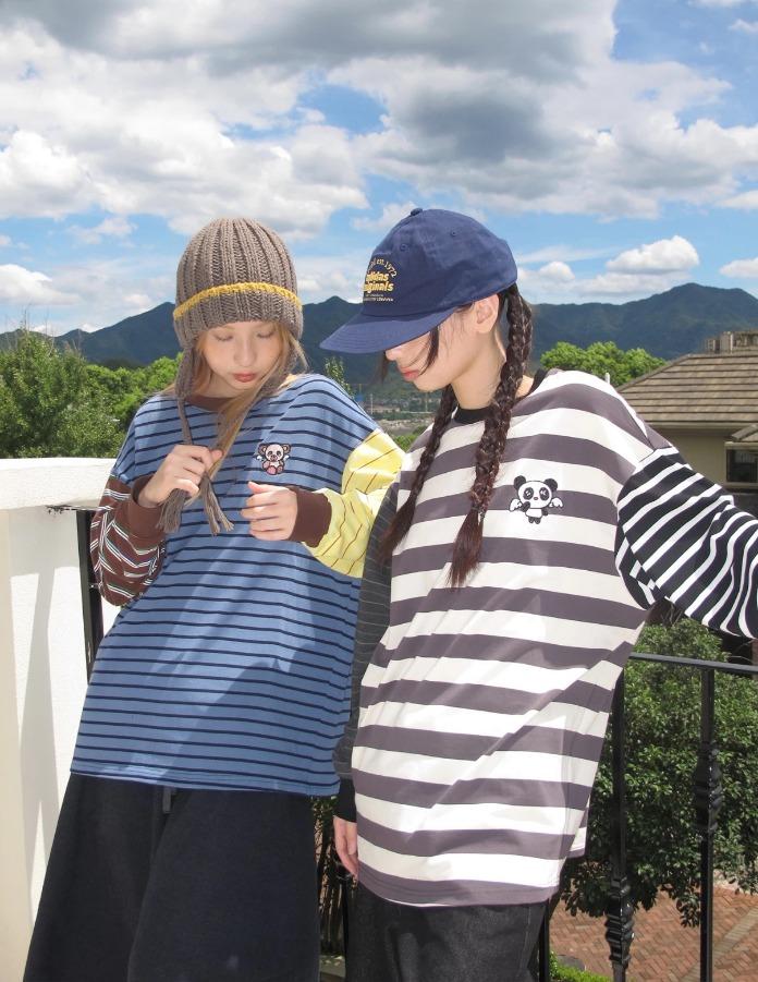 ODDMAKER 루즈핏 팬더 패치 스트라이프 긴팔 티셔츠 (3color)