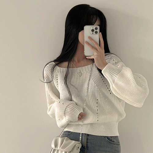 [아방핏/여리여리~] 청순무드, 스퀘어넥 펀칭 하찌 벌룬 퍼프 긴팔니트 (4color)