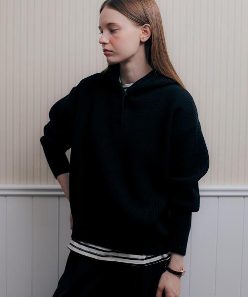 Hachi Overfit Snap Hoodie Knit_Black