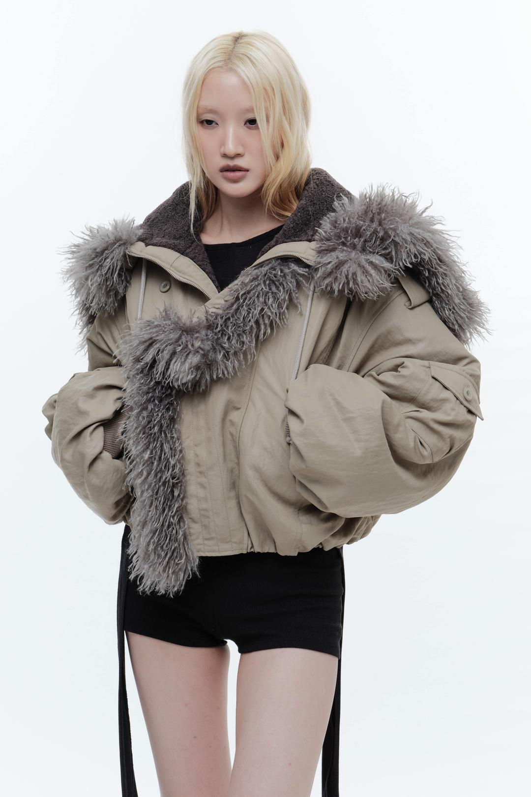 HOODED SHEARLING BOMBER JACKET BEIGE