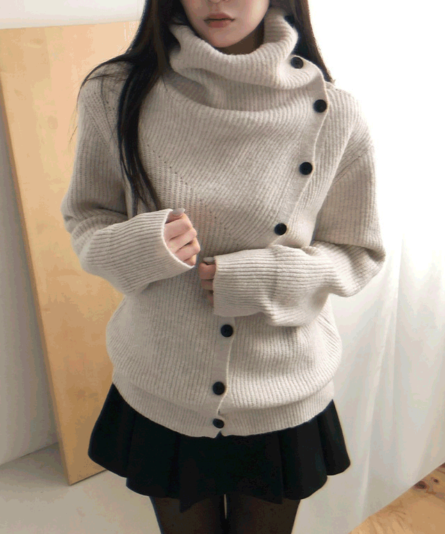 모어댄슈가 [사선단추&하이넥] 리포 언발 터틀넥 골지 울 니트