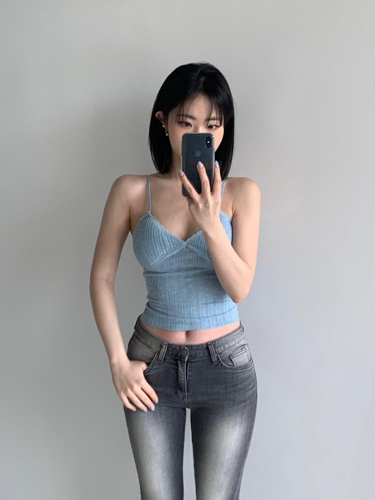 [기획] 쫀쫀 캡내장 레이스 골지 끈나시 6 colors 화이트 베이지 연두 블랙 핑크 소라 연보라