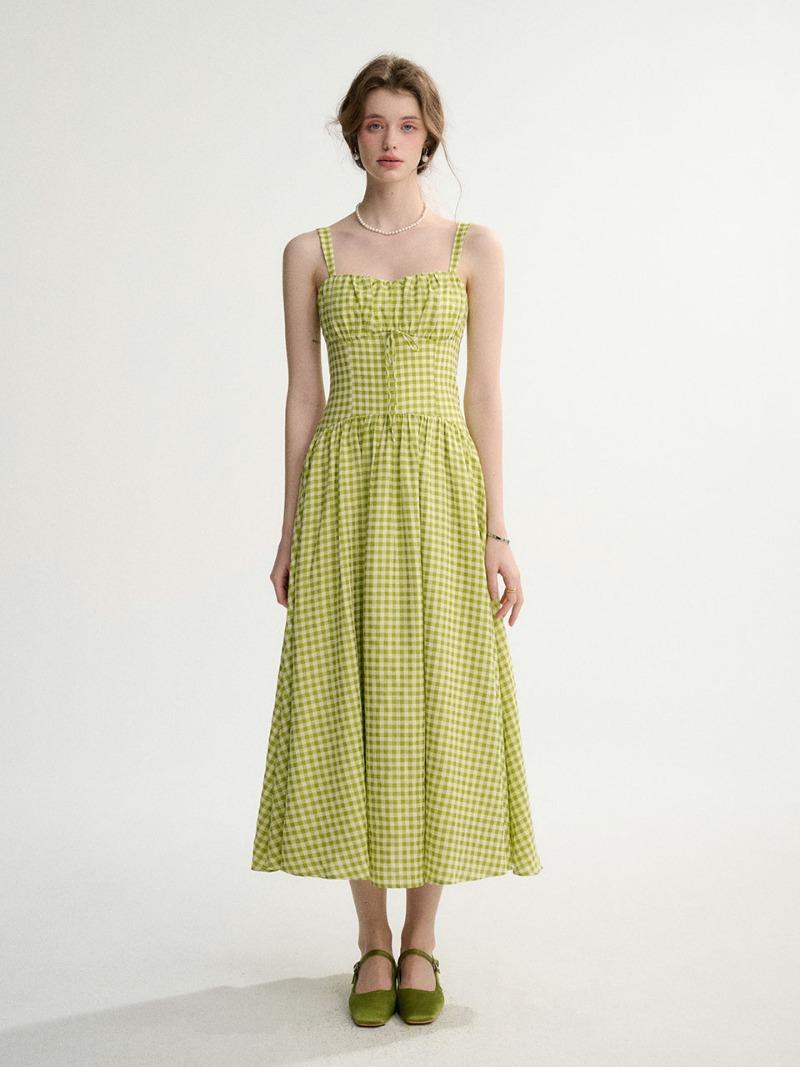 깅엄체크 스트랩 롱원피스 그린