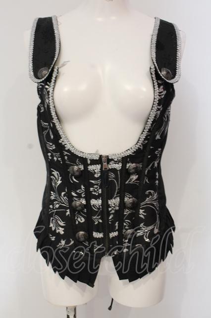 Qutie Frash / ジャガードコルセットベスト  ブラック×シルバー O-25-04-24-043-QU-TO-IG-OS