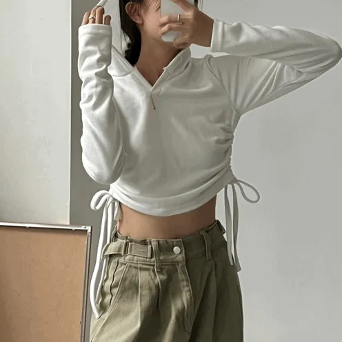 3컬러 심플모던 y2k 키치무드 브이넥 골지 후드 긴팔 티셔츠