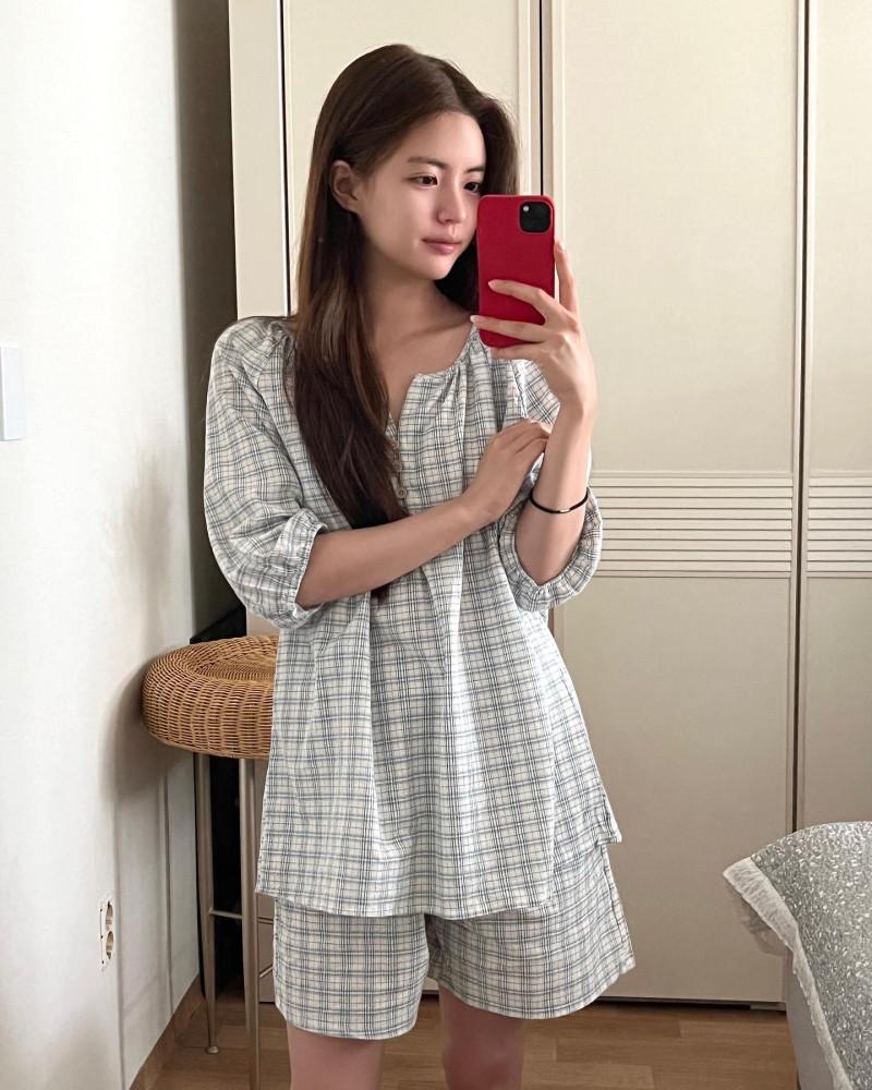(핑크 / 하늘색) 003 7부 루즈핏 체크 여성 여름 잠옷세트