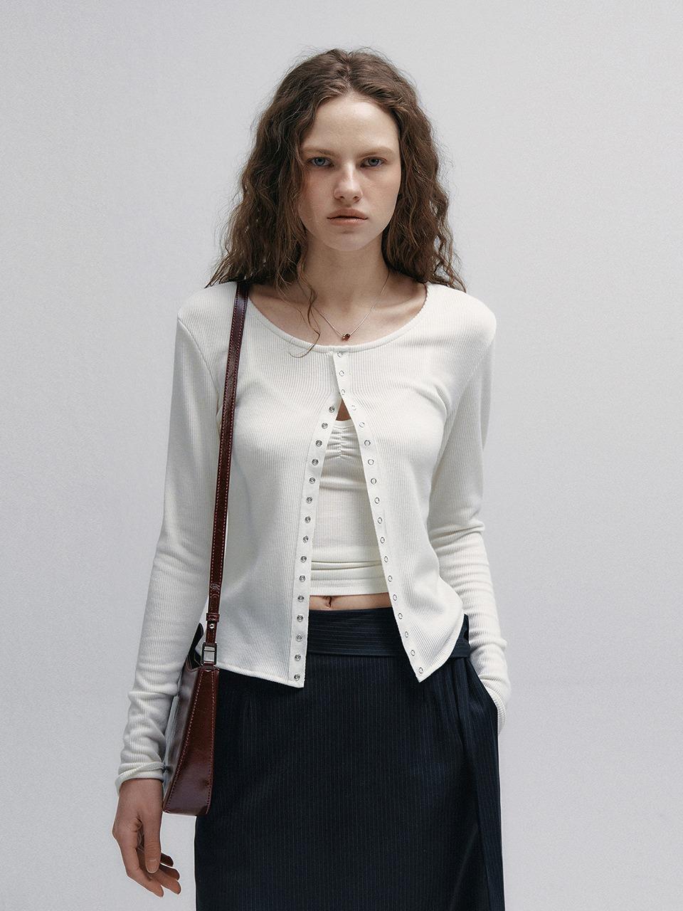 Ribbed Snap Round Cardigan (Ivory)