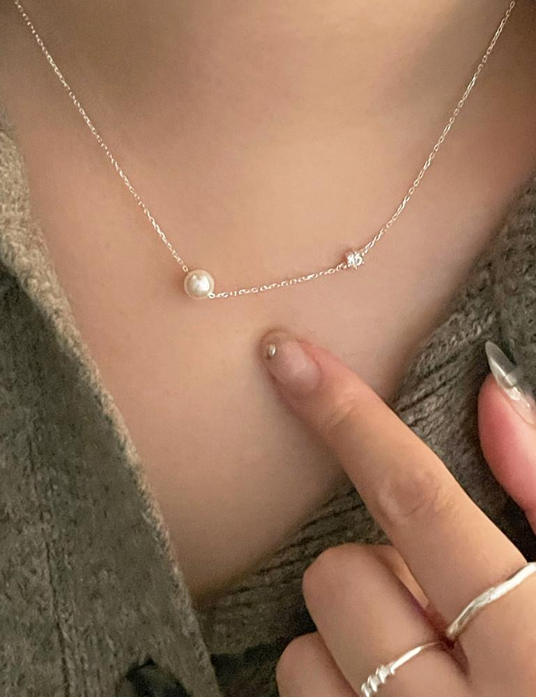 (실버 925) 담수 진주 큐빅 목걸이 - 실버,18k 골드