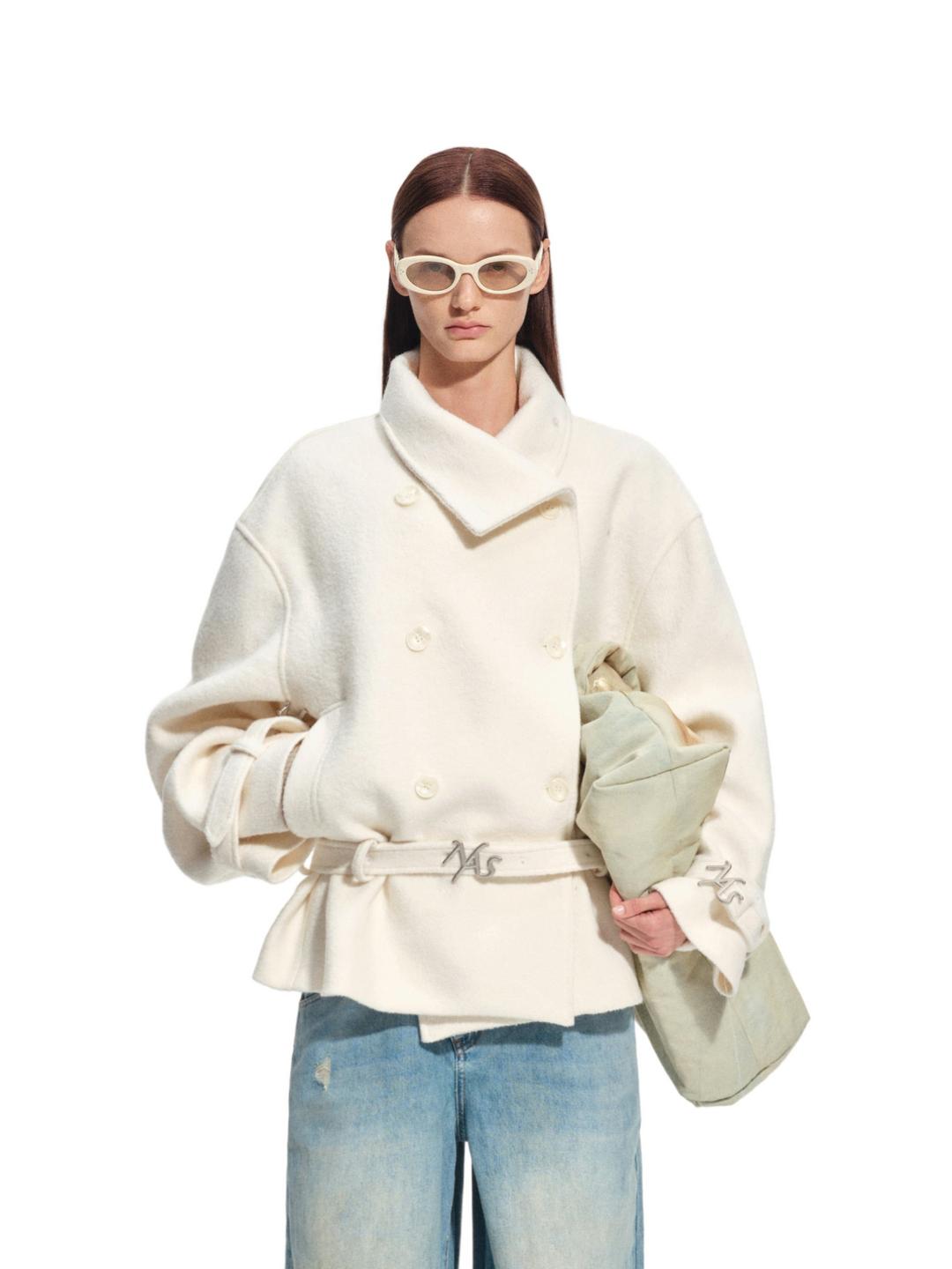 Frost White Layered Collar Woolen Jacket