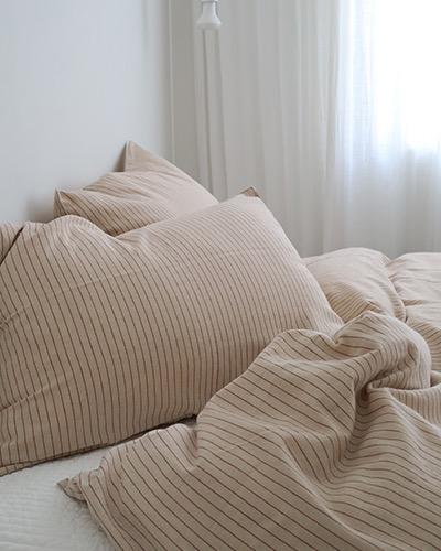 페이퍼 리넨 코튼 스트라이프 침구(오트밀-레드스트라이프)