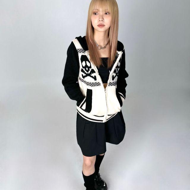 skull knit hood zip-up