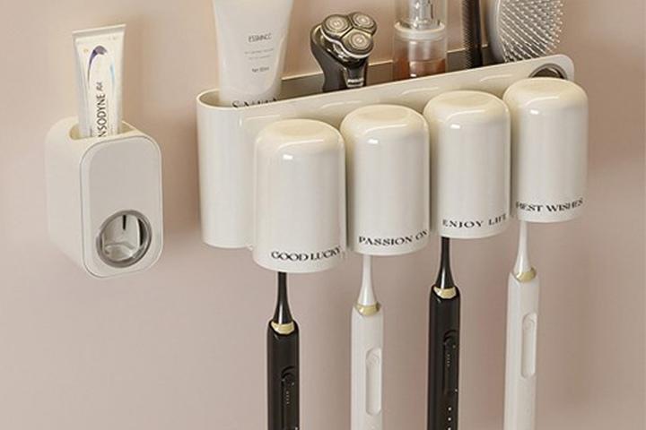 패밀리 다기능 칫솔걸이+양치컵+치약디스펜서 세트