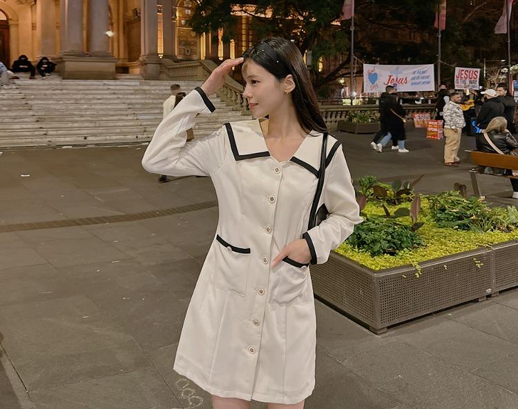[무료배송] 로리나브 세일러카라 배색 미니 원피스( 가을 신상 가을옷 데일리룩 간절기 페미닌룩 하객룩 출근룩 배색원피스 긴팔원피스 가을원피스 프릴원피스 카라원피스 H라인 캐주얼 통통녀 빅사이즈 추천 )
