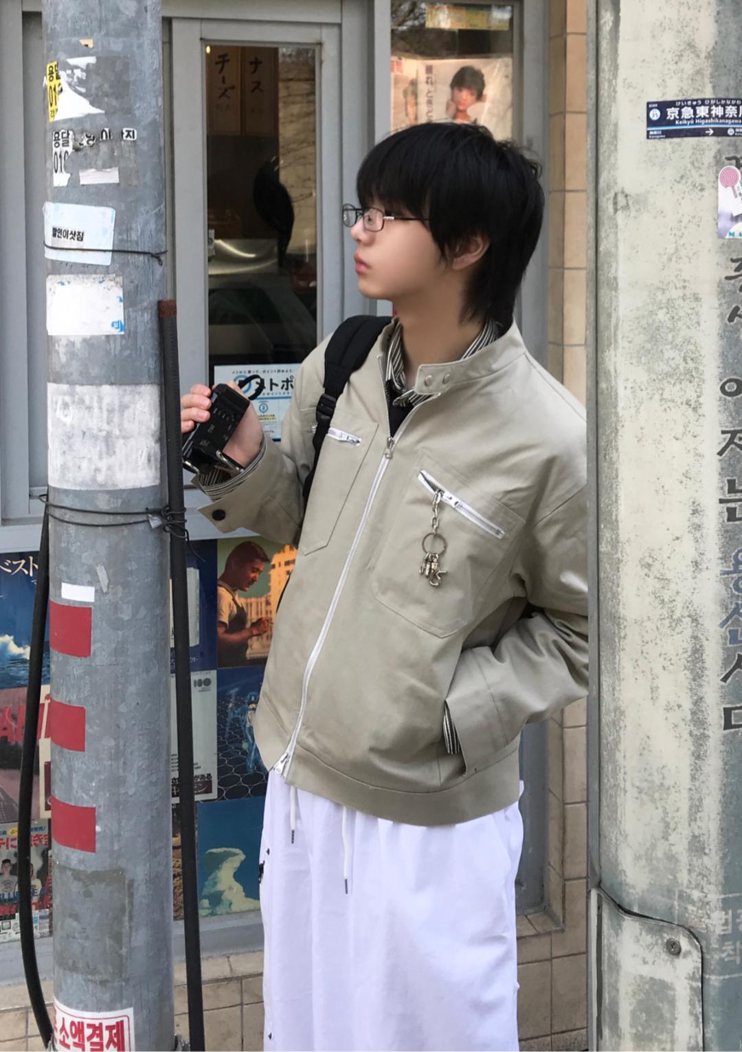 COTTON POCKET BIKER JK (BEIGE / BLACK)