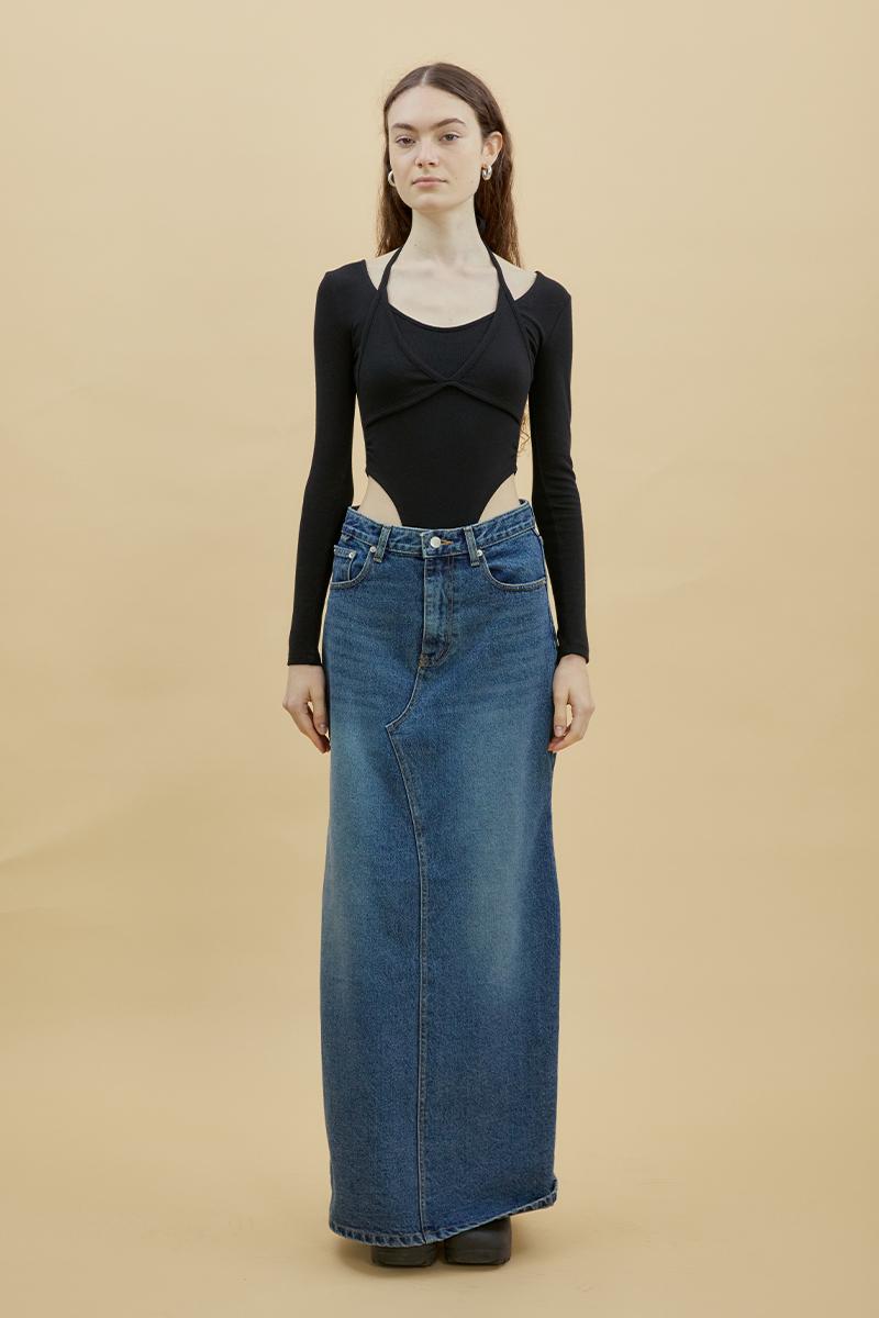 Low-Rise Back Slit Maxi Skirt (BLUE)