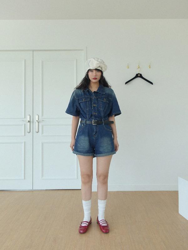 DENIM SHORT JUMPSUIT WITH BELT SET
