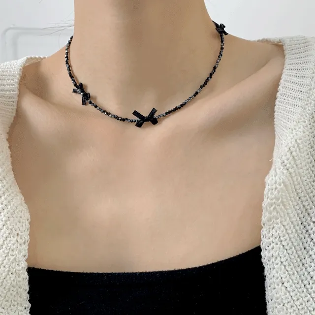 당일출고[써지컬🖤] 키치 블랙 리본 비즈 목걸이