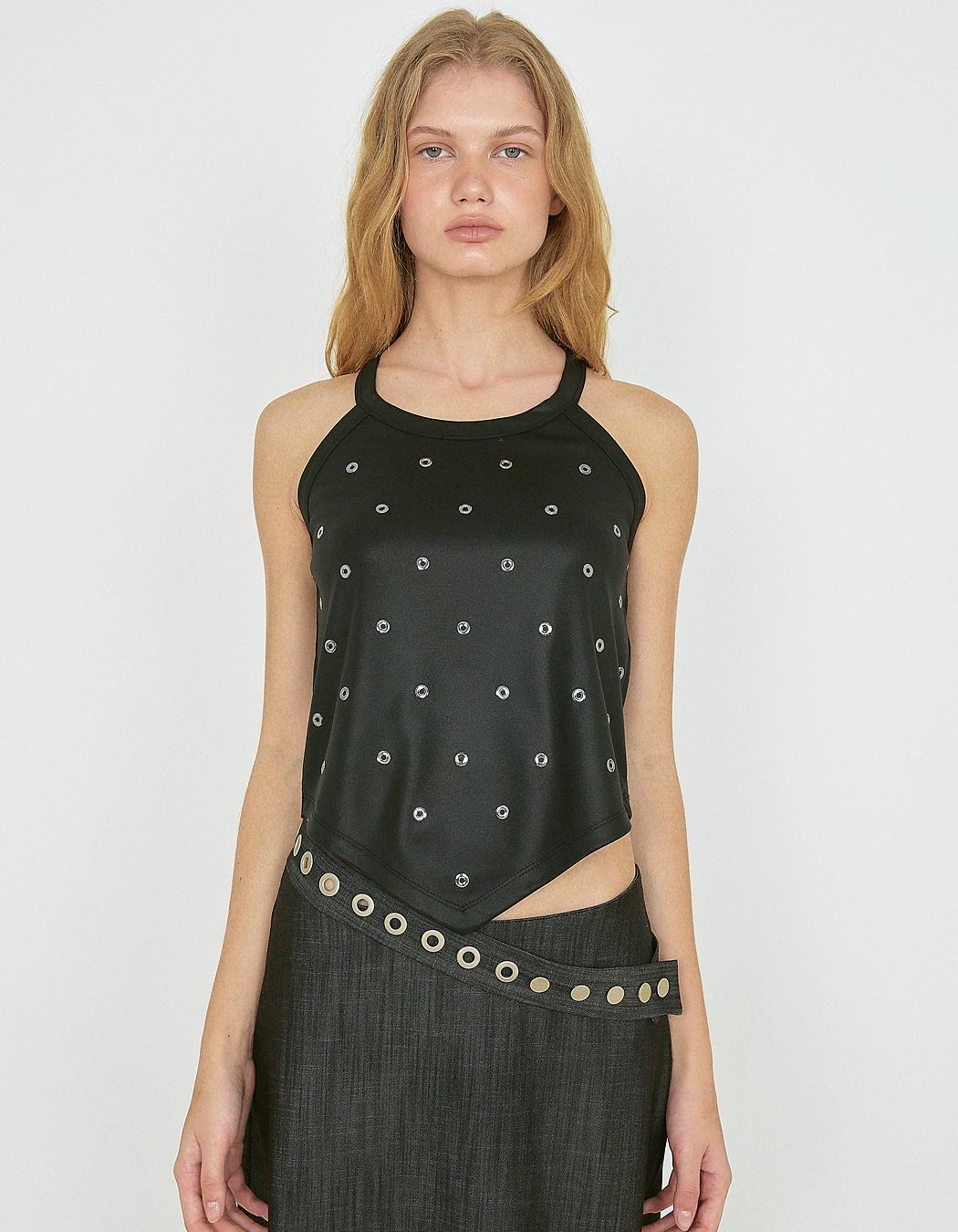EYELET GLOSSY HALTER TOP, BLACK