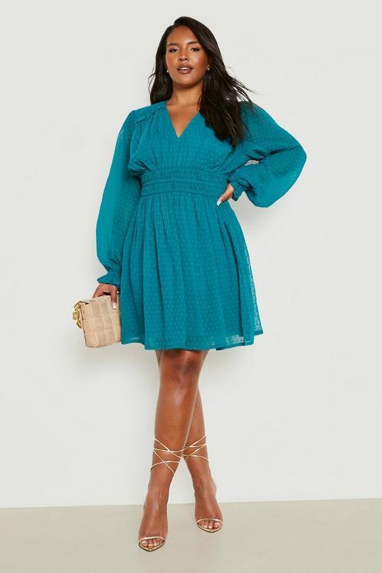 Plus Dobby Long Sleeve Skater Dress