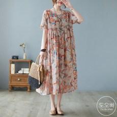 도오빠 여성 반팔 원피스 라운드 쉬폰 맥시원피스 빅사이즈 여름 플리츠 여자원피스 프리사이즈
