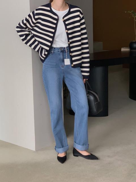 리브레 셀린느 스트라이프 무지 골드단추 가디건 니트 3color