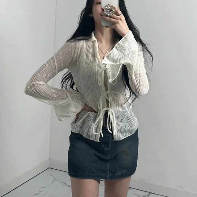 프론트 스트랩 소매트임 패턴 시스루 카라 레이스 가디건