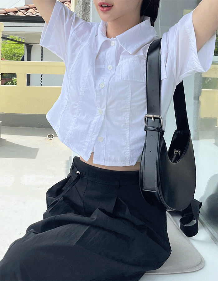 페이퍼 반팔 크롭 셔츠