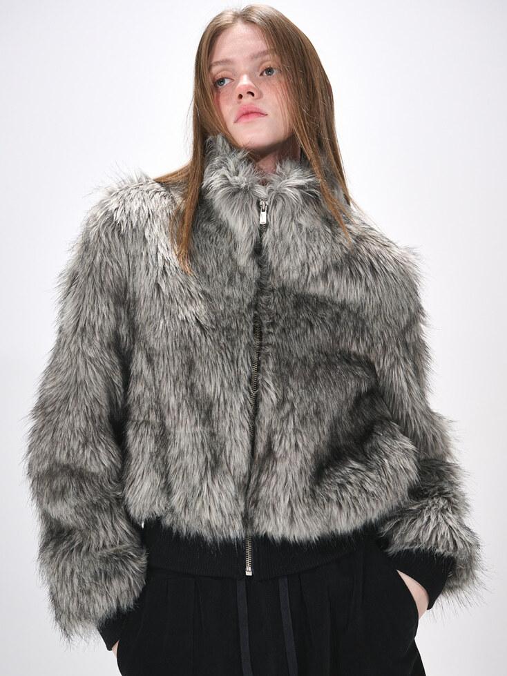 High-Neck Fur Zip-Up Jacket, Black
