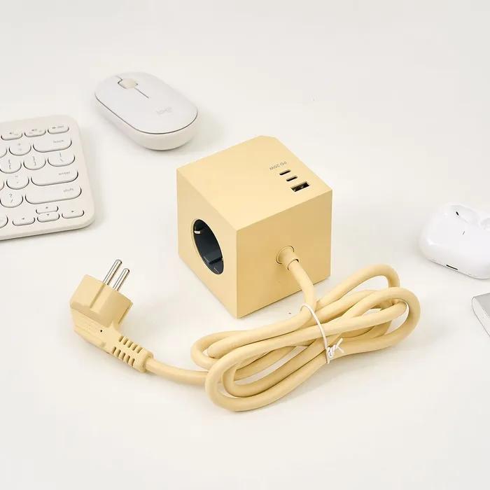 인테리어 컬러 큐브 멀티탭 3구+1USB+2C 버터옐로우