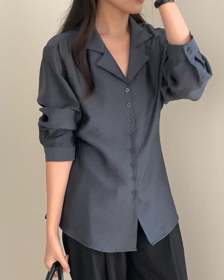 디투링크 (당일일부)오픈 카라 긴팔 블라우스 버튼 포인트 허리 스트랩 페미닌 오피스룩 셔츠(88048)