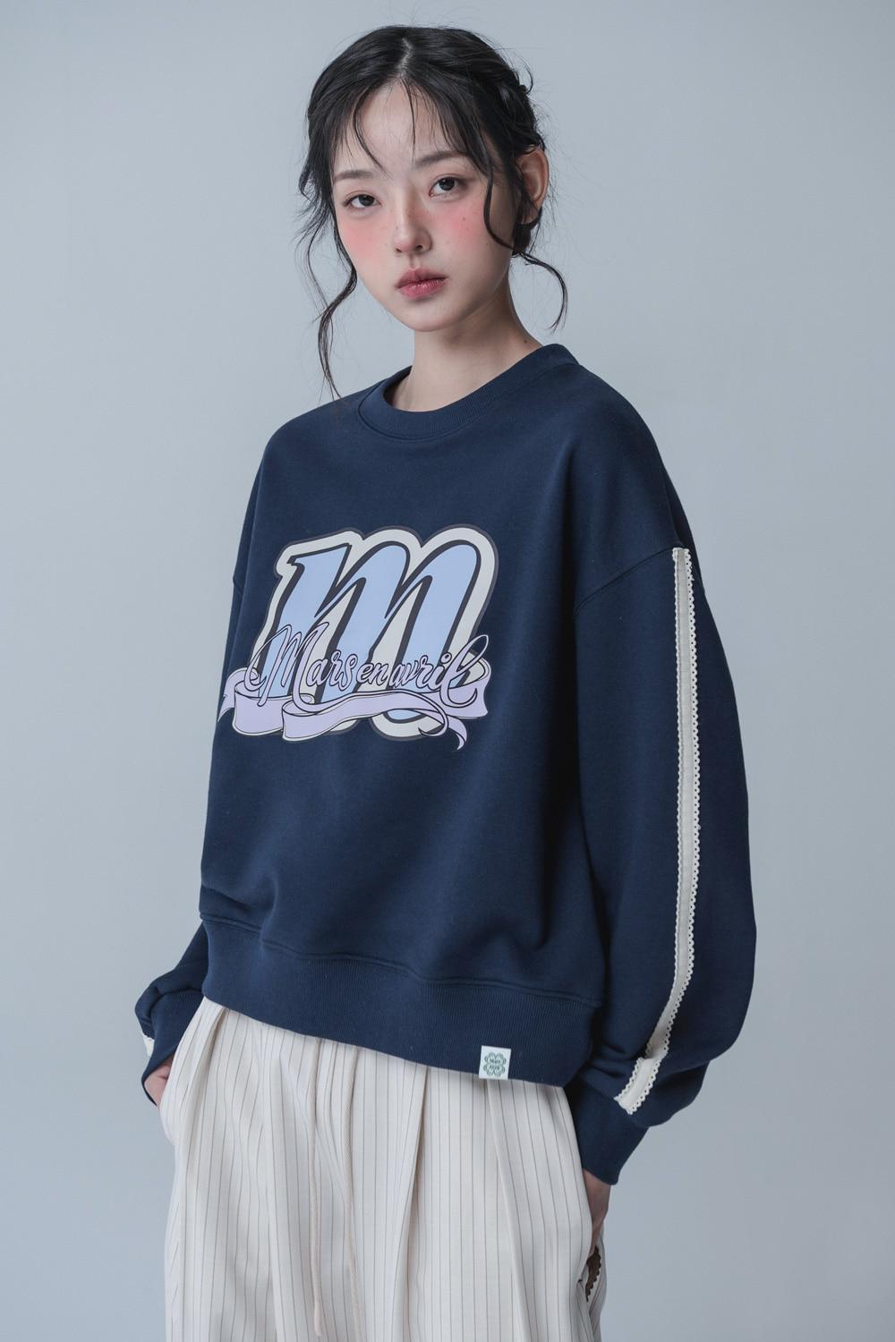 EMBLEM LACE SLEEVE SWEATSHIRT_NAVY