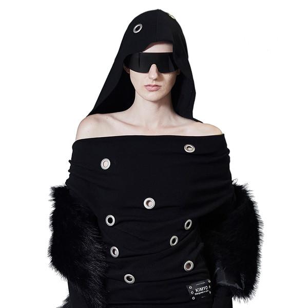 EYELET HOODED BATWING TOP IN BLACK