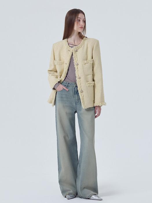 Fringe Pocket Tweed Jacket, Cream Yellow