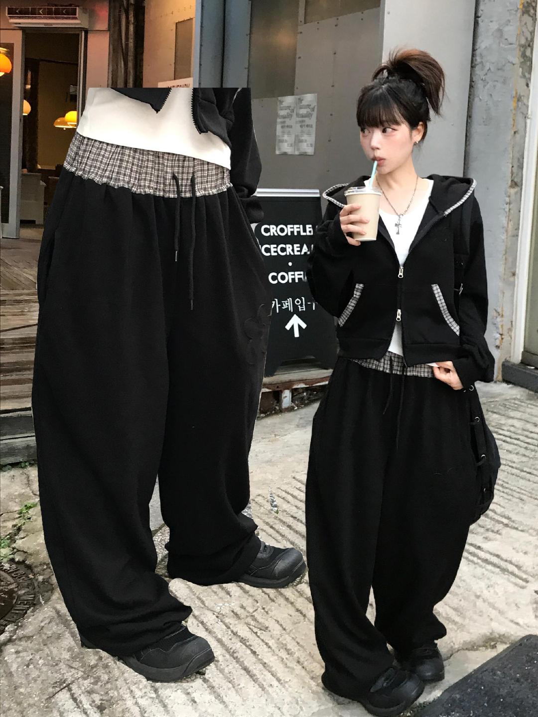 히니츠키 카루코 큐티힙 플라워 체크 스웻팬츠(2color)