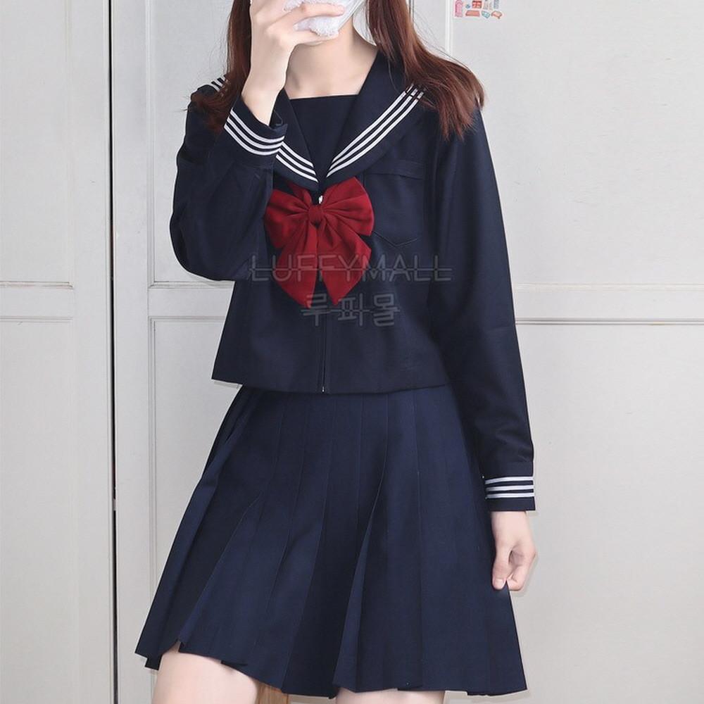 일본 교복 세라복 코스프레 빨간리본 긴팔 숏 스커트 의상 세트