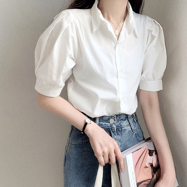 페미닌 셔링 퍼프 반팔 셔츠 남방