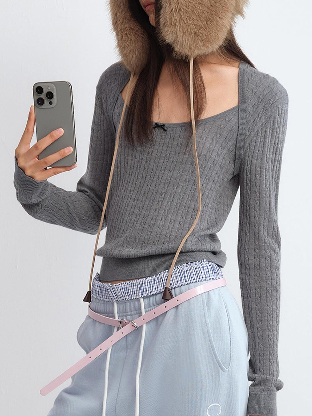 Layered Shrug Cable-Knit Tube Top - S / GRAY