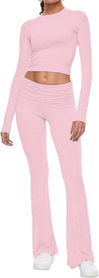 AnotherChill Women's 2 Piece Lounge Sets Fold-over Flare Pants Set Long Sleeve Cropped Top Casual Outfits Pajamas