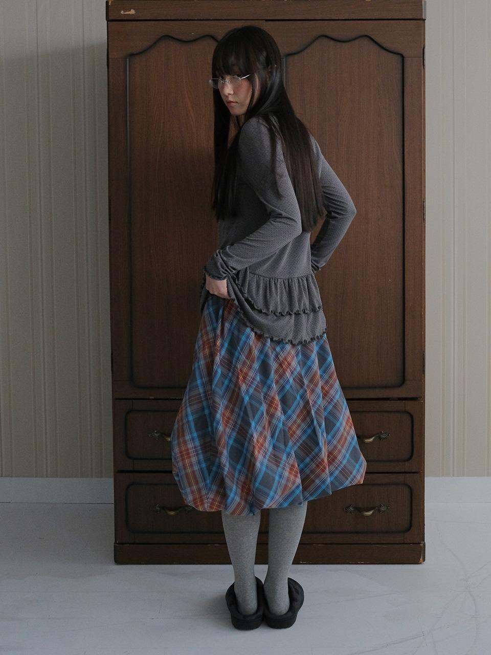 Puff check midi skirt_blue