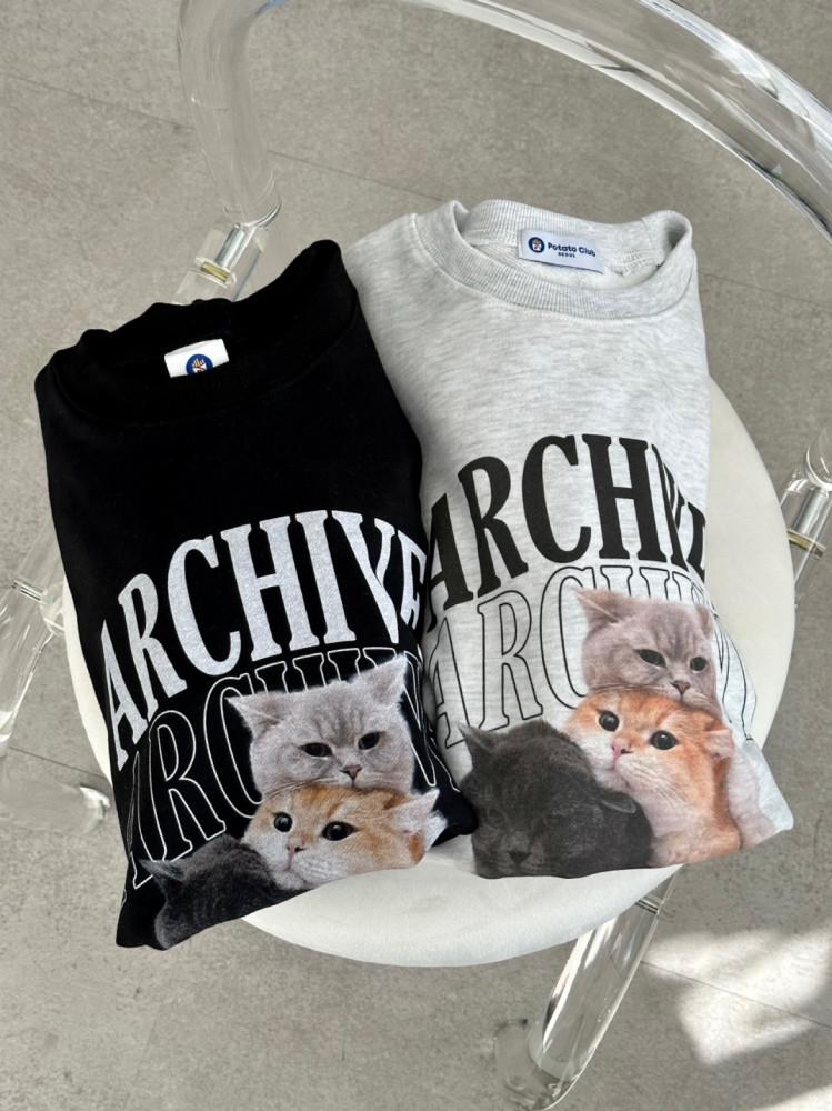(+기모버전추가) 냥이 프린팅 남녀공용 오버핏 라운드넥 고밀도 코튼 긴팔 맨투맨 티셔츠