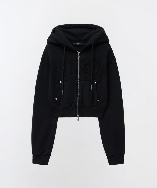 LOGO PATCH HOODIE ZIP-UP TOP - BLACK