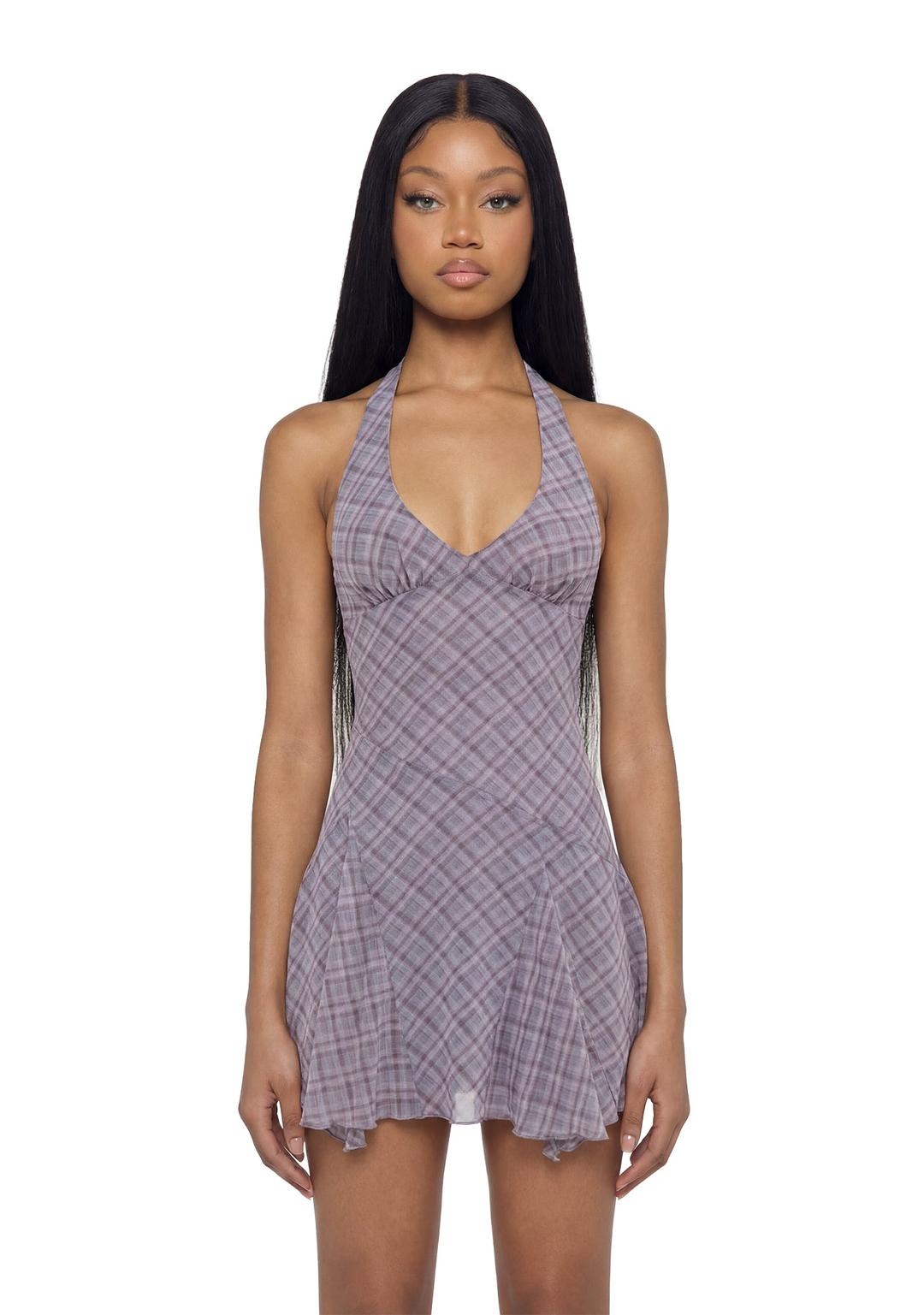 Essex Plaid Halter Dress - Purple - PLAID / XX-SMALL