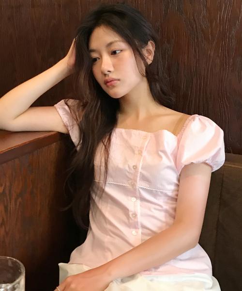 로지 레이스 퍼프 블라우스 ( 핑크 )