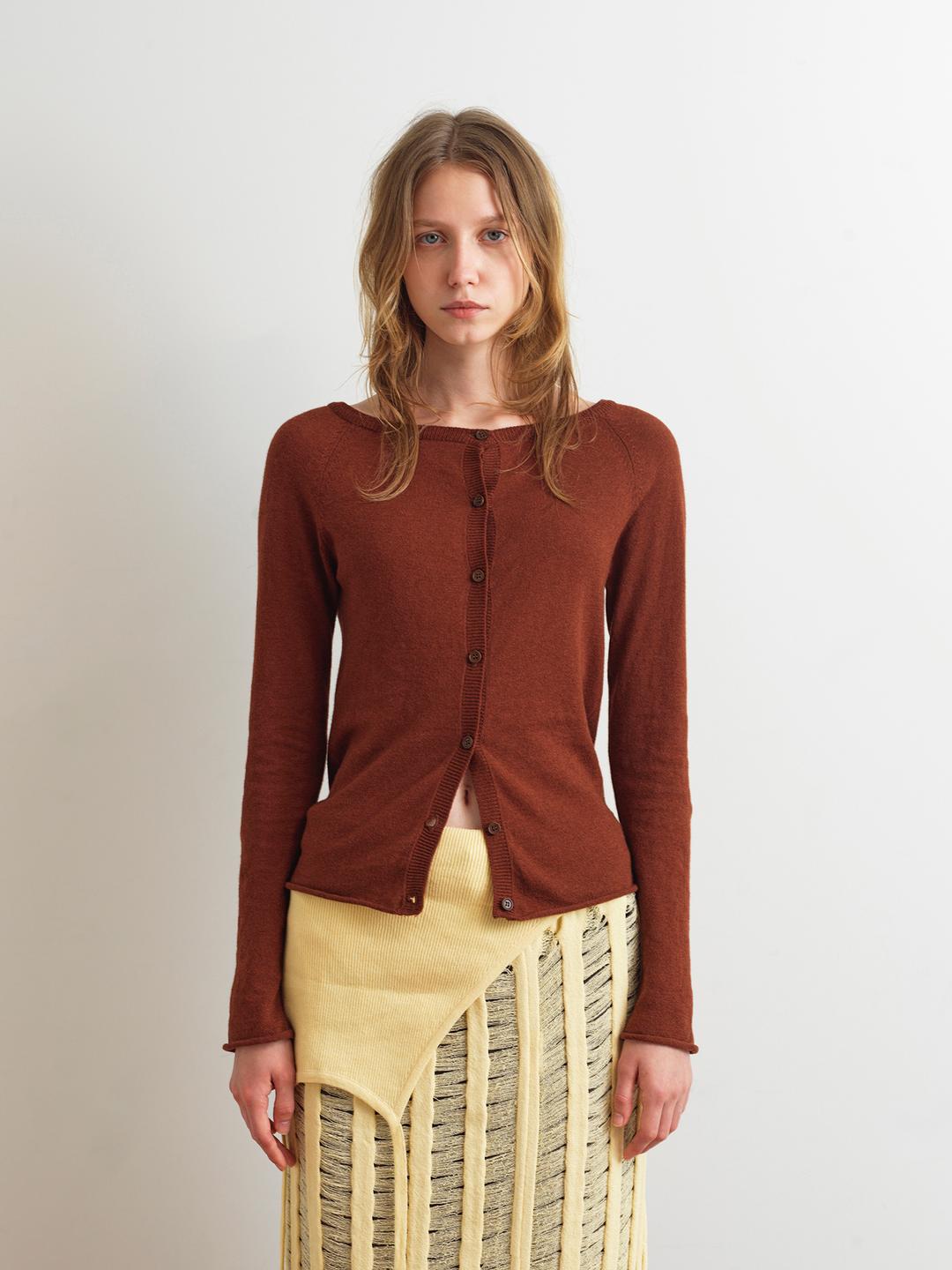 BOAT NECK TWO WAY CARDIGAN - BRICK BROWN