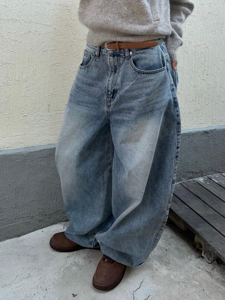 벌룬 워싱 와이드 데님팬츠