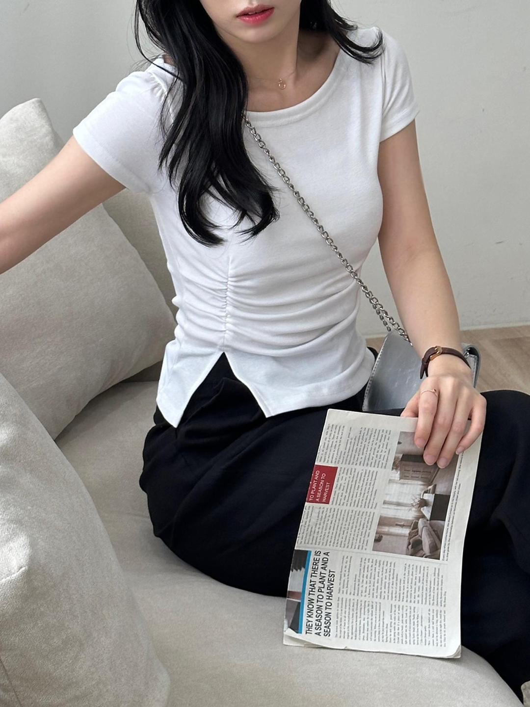 뉴데이뉴미 반팔 여리 보트넥 셔링 트임 티셔츠 (4 colors)