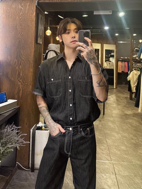 르노 생지 반팔 셔츠 + 와이드 팬츠 세트