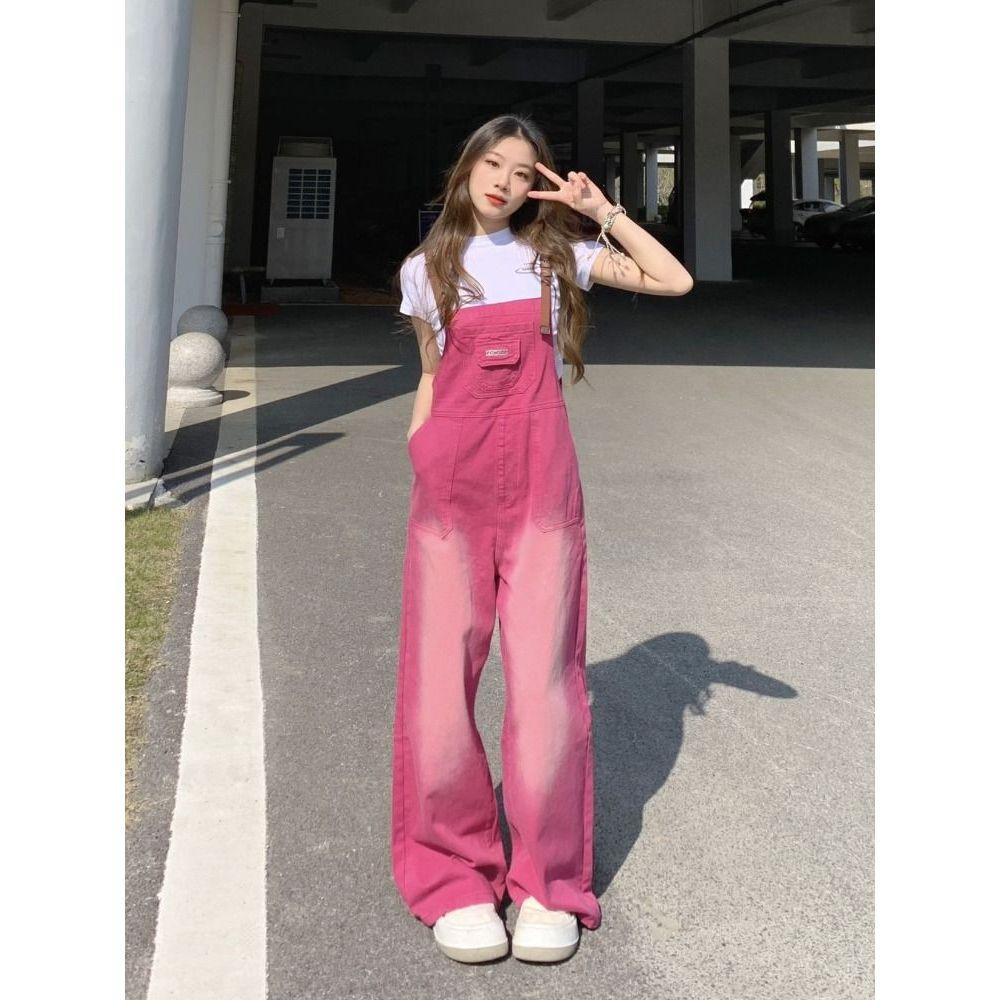 핫핑크 오버롤 팬츠 청바지 데님 와이드 루즈핏 멜빵바지 : 갓수